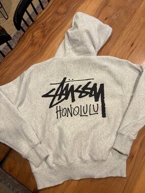 Stussy Gray Zip-Up Hoodie with Black Honolulu Script